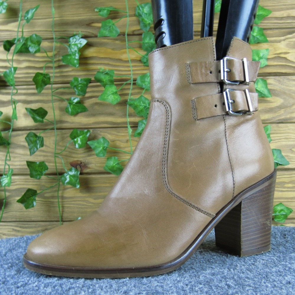 J. Crew Dean Women's‎ 9.5 Tan Leather Bootie Block Heel Side Zip Buckle Detail